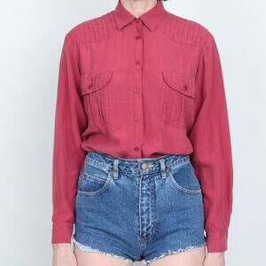 Vintage Red Pleated Detail Silk Blouse M/L